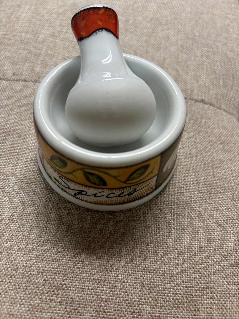 Handcrafted White Ceramic Mortar and Pestle with Yellow Decorative Band
